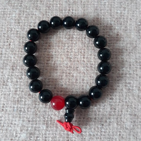 Beaded Zen Bracelet -- Black Beads (with one Red Bead) on Red Elastic - Picture 1 of 1